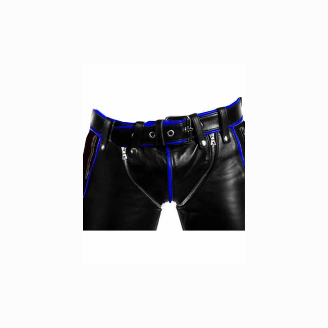 Mens Black Leather with Blue Piping Bondage Pants Jeans - R2-BP
