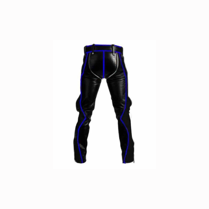 Mens Black Leather with Blue Piping Bondage Pants Jeans - R2-BP