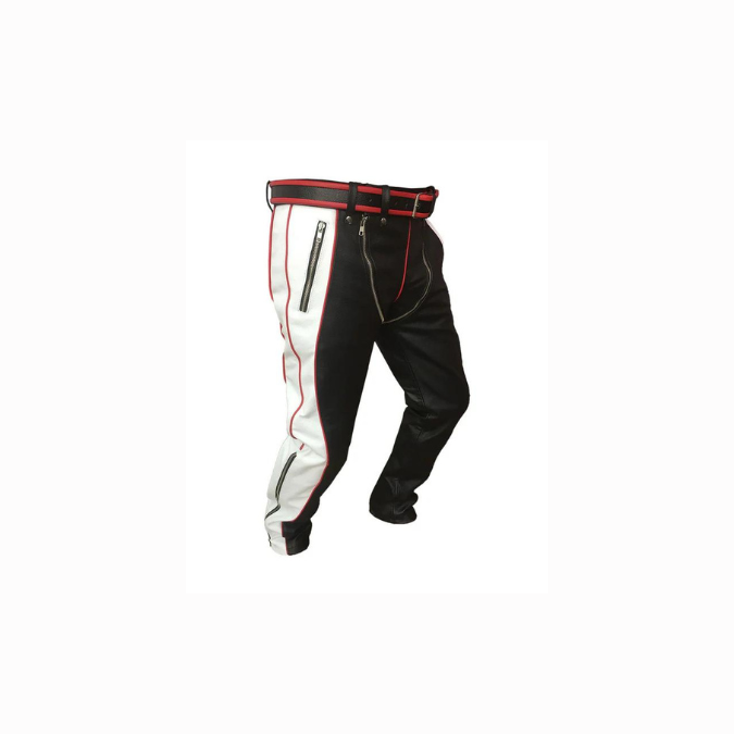 Vaqueros bondage resistentes de cuero auténtico negro, rojo y blanco para hombre - RAW2
