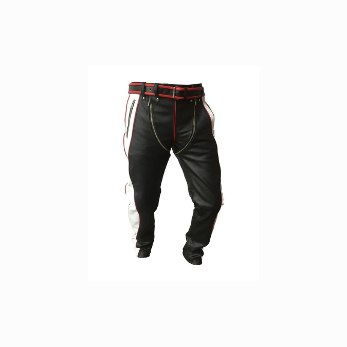 Vaqueros bondage resistentes de cuero auténtico negro, rojo y blanco para hombre - RAW2