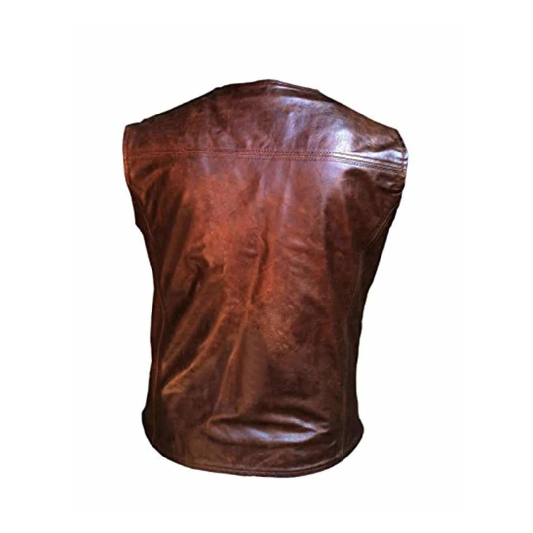Chaleco de motociclista para hombre de piel de vaca auténtica, color marrón, con ganchos cromados - CH-BRW