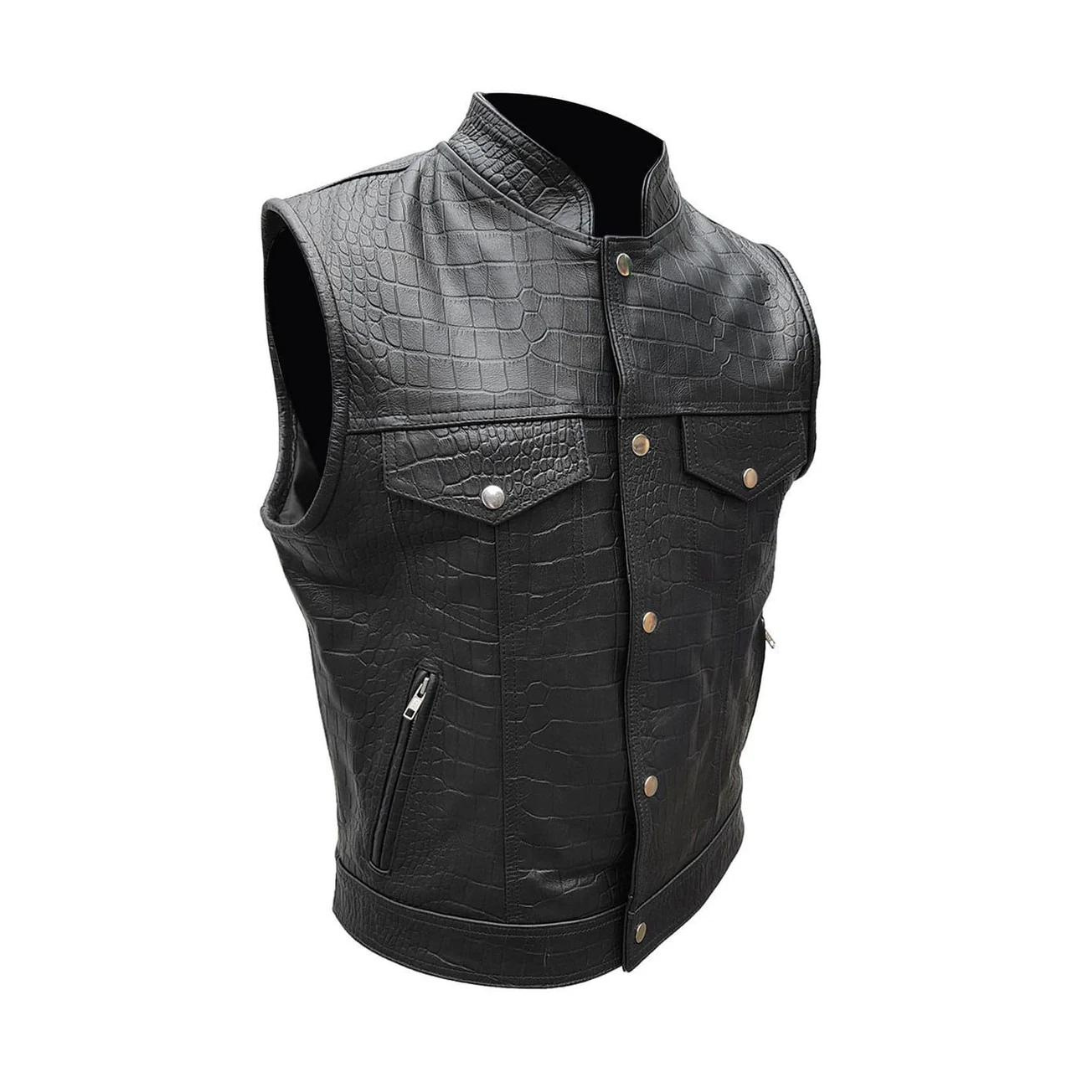 Chaleco de motociclista para hombre, chaqueta de cuero con estampado de cocodrilo negro - B4-CROC-BLK