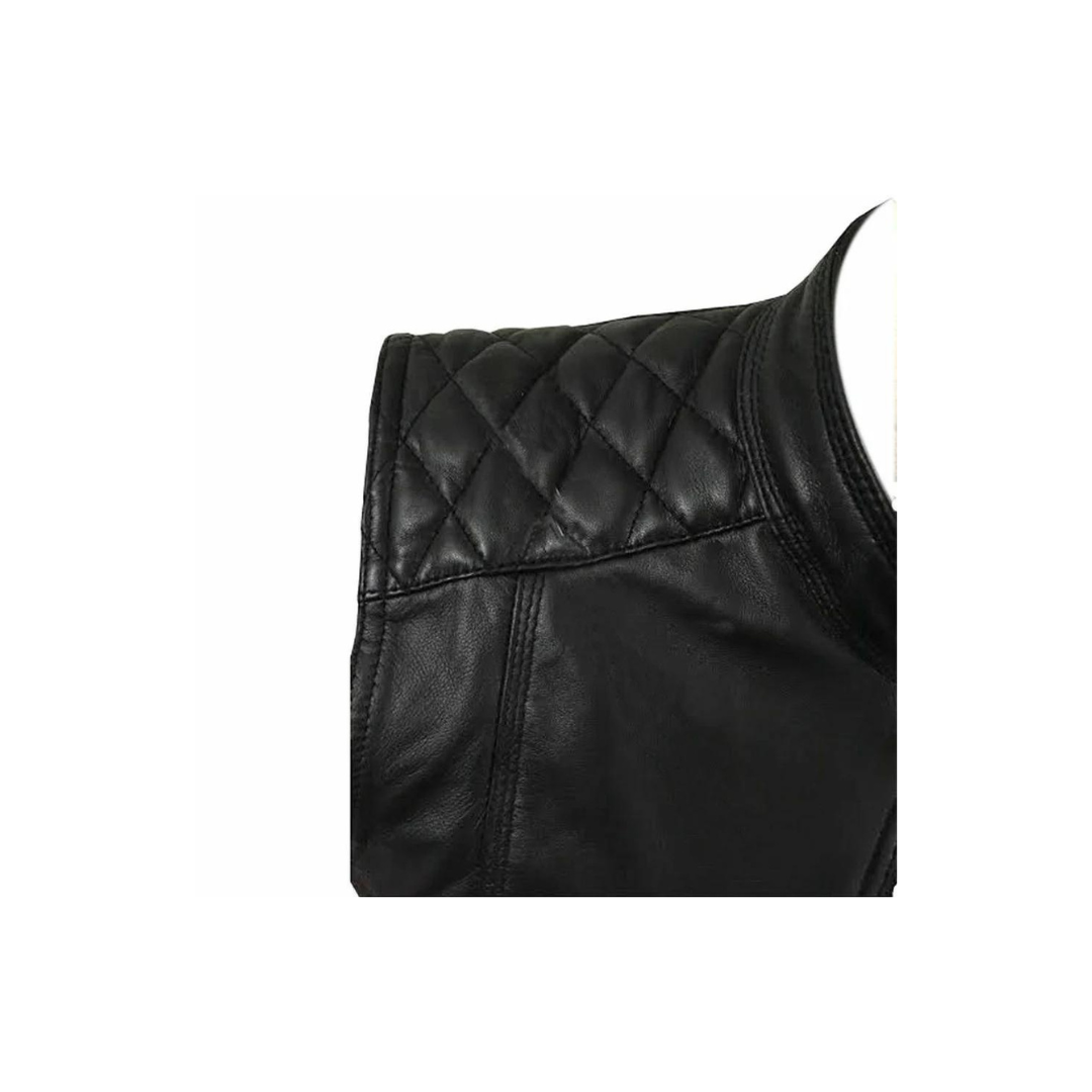 Chaleco de motociclista sexy de piel de cordero negro auténtico para mujer (W11)