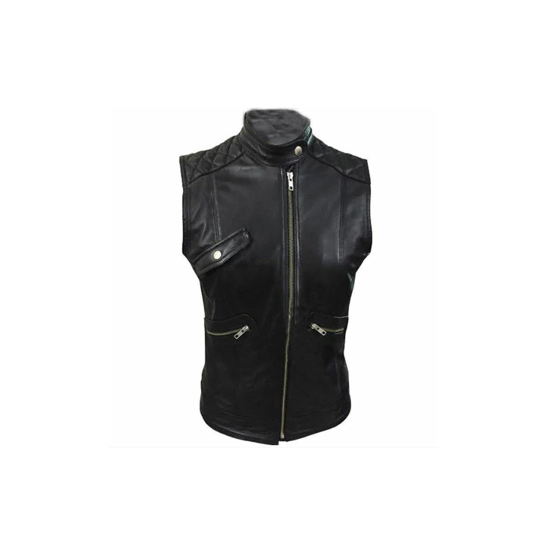 Chaleco de motociclista sexy de piel de cordero negro auténtico para mujer (W11)