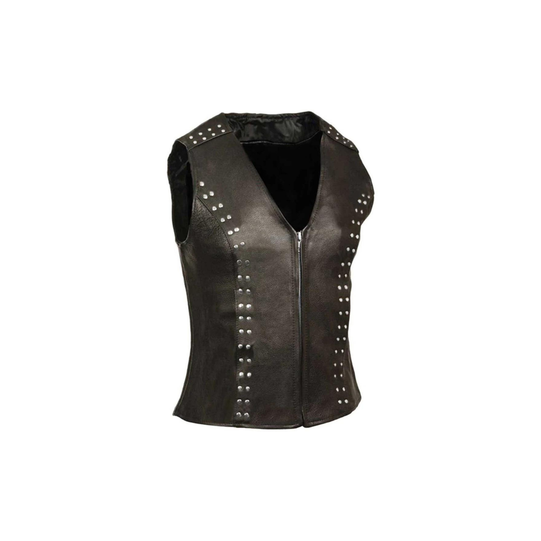 Chaleco de motociclista de cuero negro auténtico para mujer (W5 - BLK)