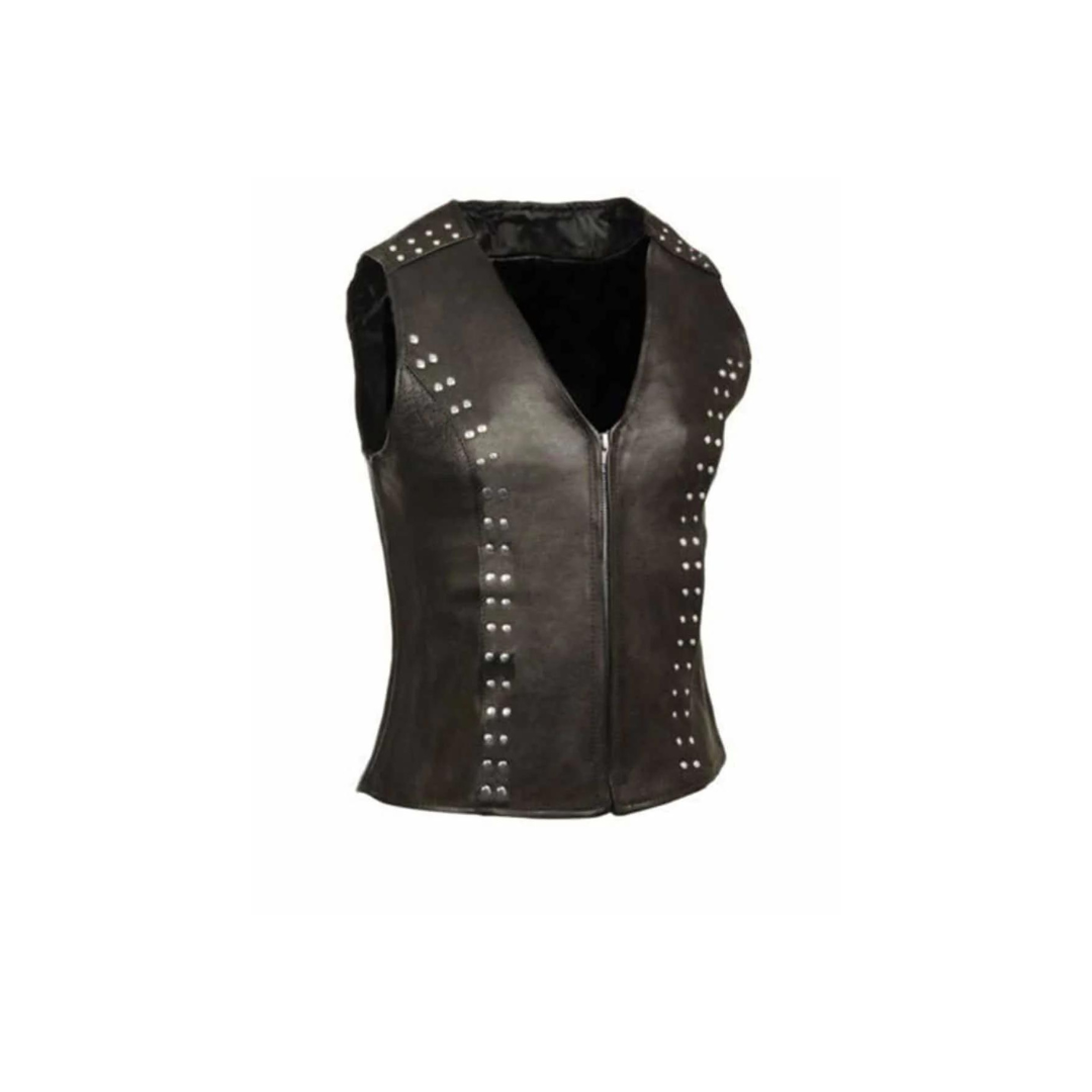 Chaleco de motociclista de cuero negro auténtico para mujer (W5 - BLK)