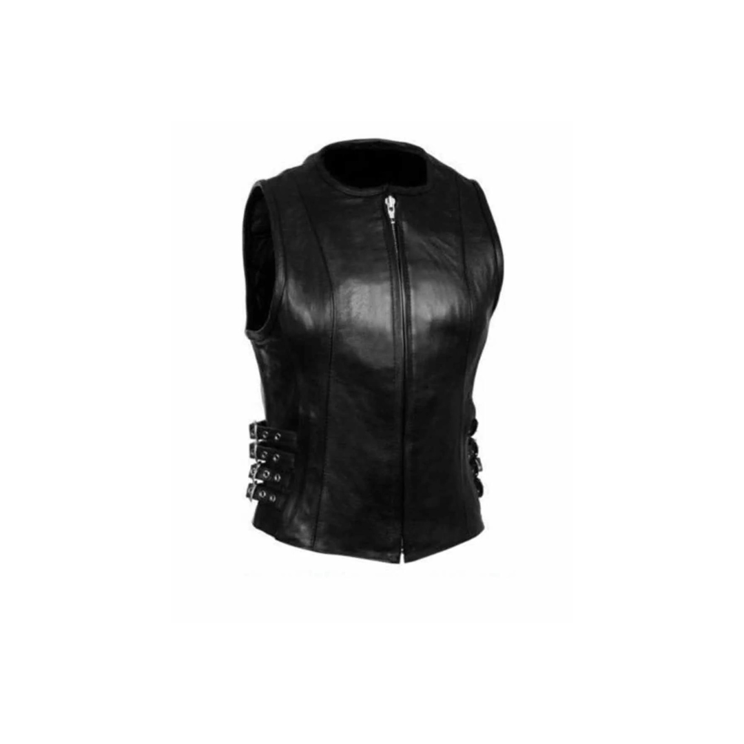 Chaleco de motociclista de cuero negro auténtico para mujer (W6 - BLK)