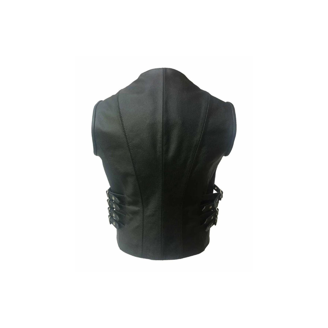 Chaleco de motociclista de cuero negro auténtico para mujer (W7 – BLK)