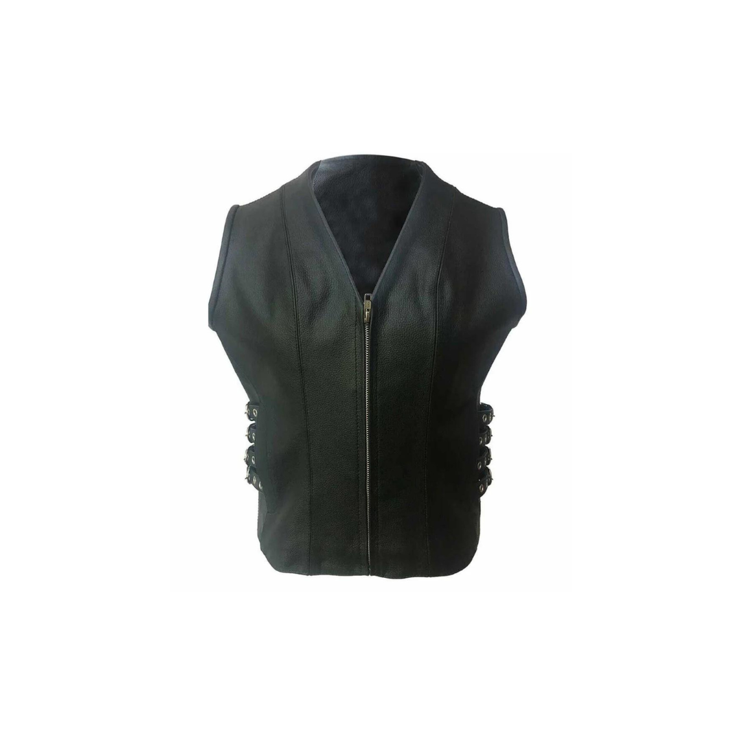 Chaleco de motociclista de cuero negro auténtico para mujer (W7 – BLK)