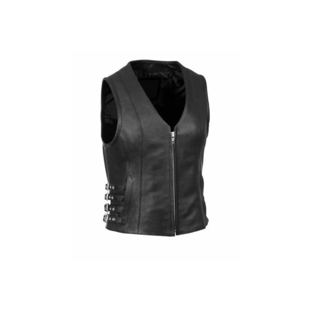 Chaleco de motociclista de cuero negro auténtico para mujer (W7 – BLK)