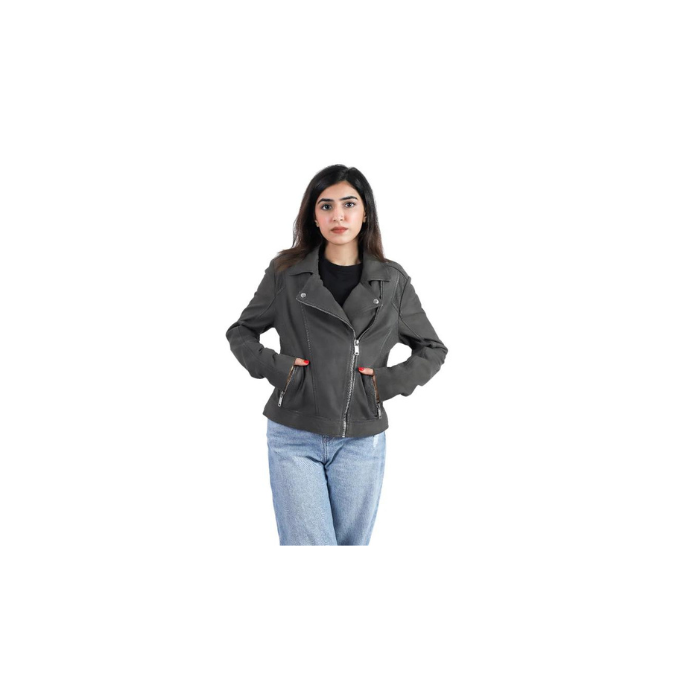 Womens Biker Racer Style Grey Sheep Leather Jacket Motorbike Style Quality Designer Jacket – ELF12