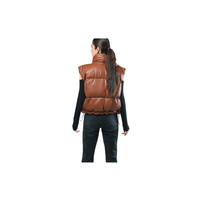 Chaqueta de piel de oveja para mujer, estilo acolchado, sin mangas, color marrón, ELF36