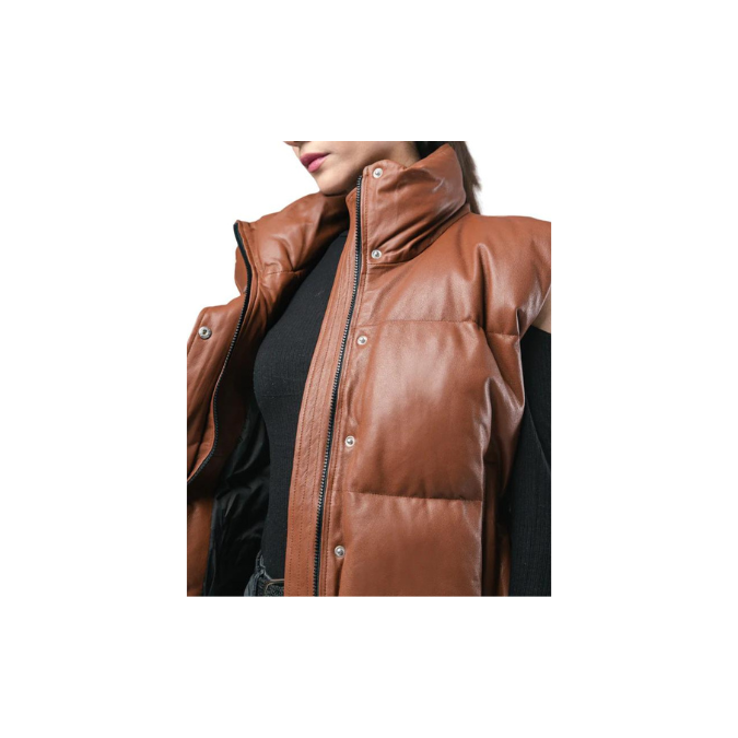 Chaqueta de piel de oveja para mujer, estilo acolchado, sin mangas, color marrón, ELF36