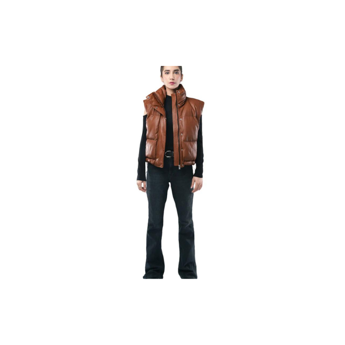 Chaqueta de piel de oveja para mujer, estilo acolchado, sin mangas, color marrón, ELF36