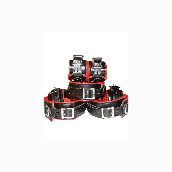 7 Pieces Set Of Black Leather Restraints - REST7-BLK