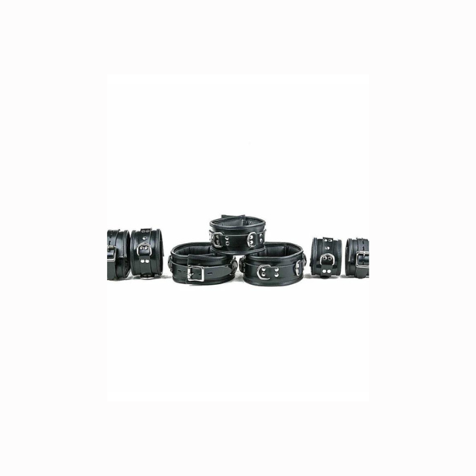 7 Pieces Set Of Black Leather Restraints - REST7-BLK