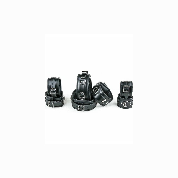 7 Pieces Set Of Black Leather Restraints - REST7-BLK