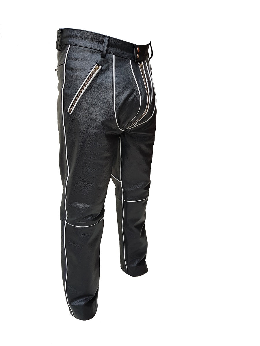 Mens Real Leather Biker Jeans Pant Trousers in Black With White Piping - J10