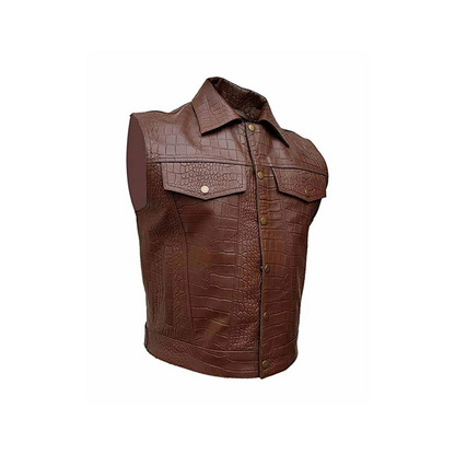 CHALECO DE PIEL MARRÓN CON ESTAMPADO DE COCODRILO PARA HOMBRE, ESTILO MOTOCICLETA (B13-BRW-CROC)
