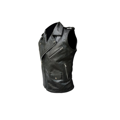 Mens Bikers Vest Black Crocodile Print Leather Black Sleeveless Waistcoat - BRANDO-HS-CROC