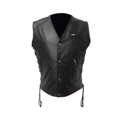MENS BIKER STYLE VEST BLACK LEATHER MOTORCYCLE WAISTCOAT - B29
