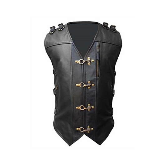 MENS BIKER STYLE VEST BLACK LEATHER HEAVY DUTY MOTORCYCLE WAISTCOAT - B24