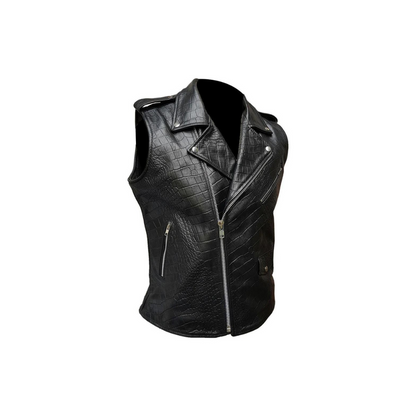 Mens Bikers Vest Black Crocodile Print Leather Black Sleeveless Waistcoat - BRANDO-HS-CROC