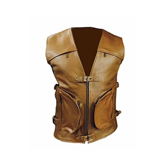 MENS BIKER STYLE GENUINE COW LEATHER BROWN MOTORCYCLE VEST WAISTCOAT - B7-BRW