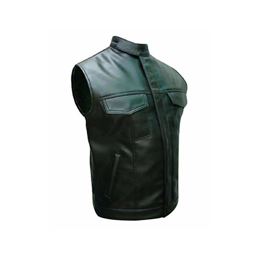 MENS BIKER STYLE BLACK LEATHER MOTORCYCLE VEST WAISTCOAT - B9-BLK