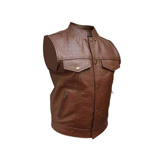 Men Brown Crocodile Print Leather Waistcoat Motorcycle Bikers Vest - B4-CROC-BRW