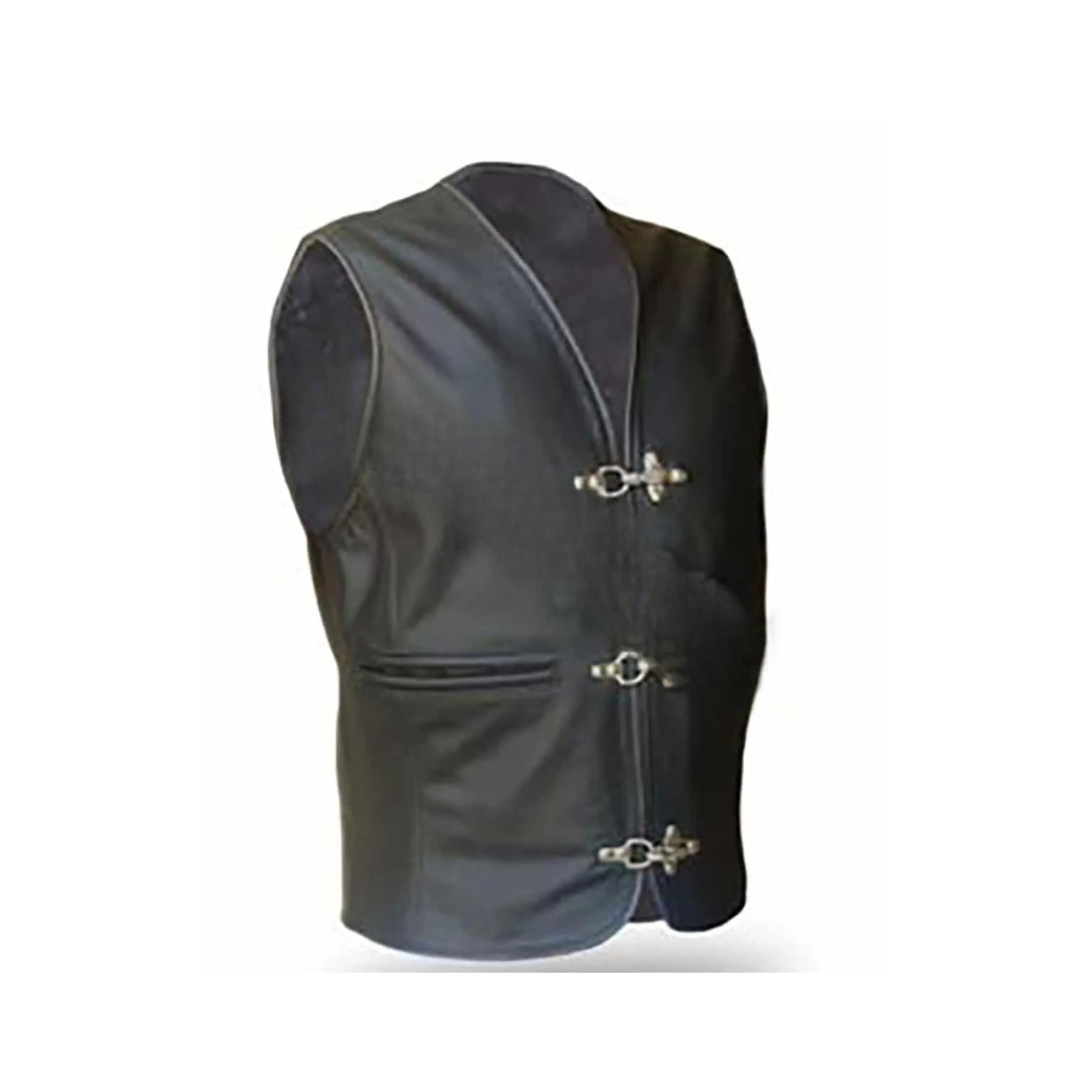 Chaleco de motociclista para hombre, chaqueta de cuero negra con ganchos cromados - CH-BLK