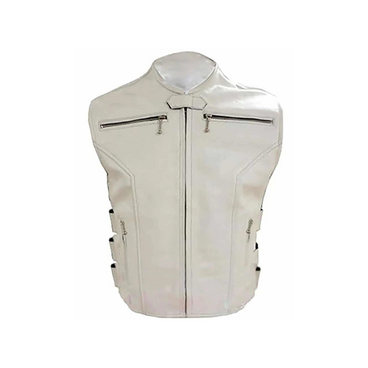 MENS BIKER STYLE VEST LEATHER WHITE MOTORCYCLE WAISTCOAT - B12-WHT