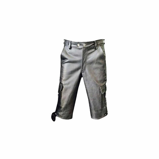 Mens Real Black Leather Cargo Shorts - CARGO1 -BLK