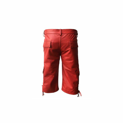 Mens Real Red Leather Combat Cargo Shorts - CARGO1 - RED