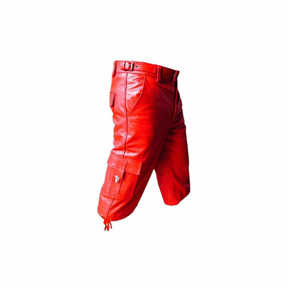 Mens Real Red Leather Combat Cargo Shorts - CARGO1 - RED