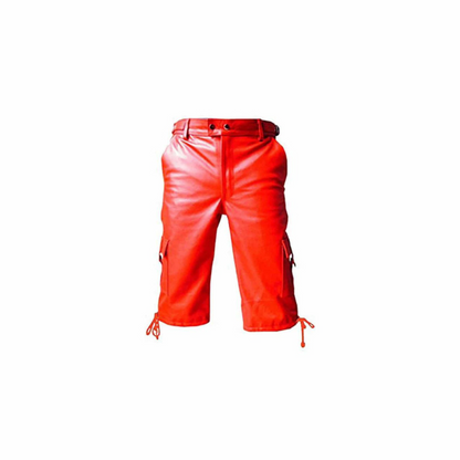 Mens Real Red Leather Combat Cargo Shorts - CARGO1 - RED