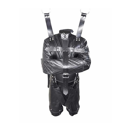 Mens Black Leather Straight Jacket Chastity Bondage Shorts Combo Rear Zip - SJ-COMBO