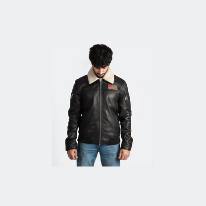 Veste en cuir aviateur pour hommes avec col en fourrure, qualité de créateur haut de gamme - ELM1