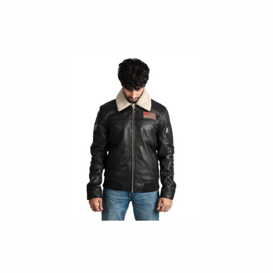 Mens Aviator Bomber Leather Jacket With Fur Collar High End Designer Quality – ELM1