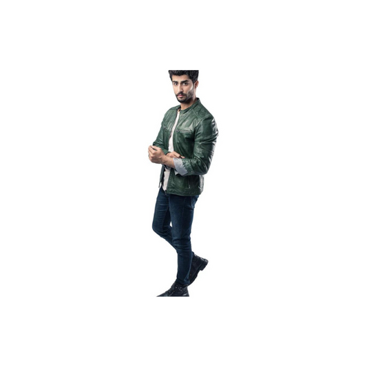 Mens Biker Racer Motorcycle Style Sheepskin Leather Jacket Green Fashion Jacket – ELM32