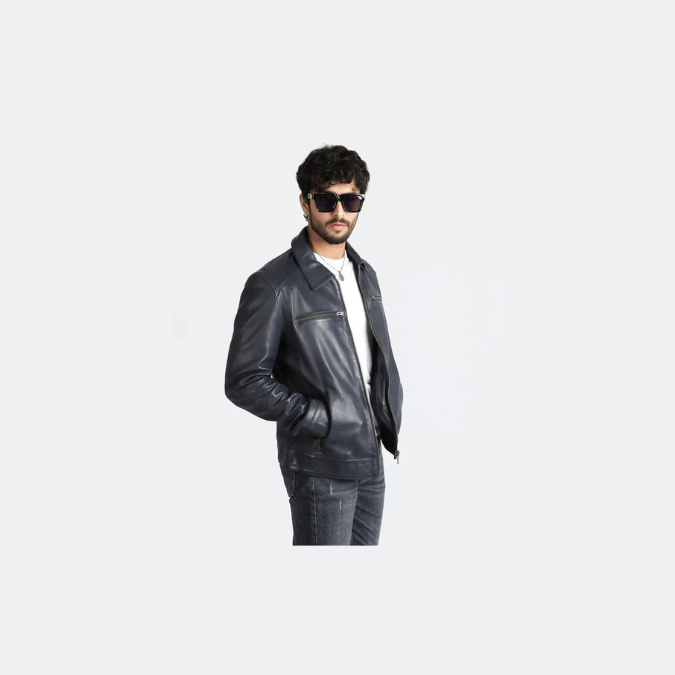 Chaqueta de cuero de oveja auténtico estilo Cafe Racer para hombre Chaqueta de motociclista azul marino de moda – ELM3