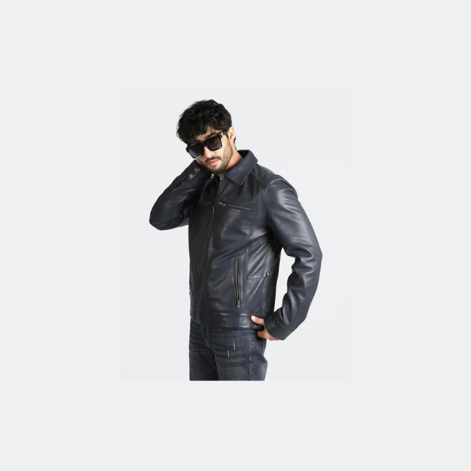 Chaqueta de cuero de oveja auténtico estilo Cafe Racer para hombre Chaqueta de motociclista azul marino de moda – ELM3