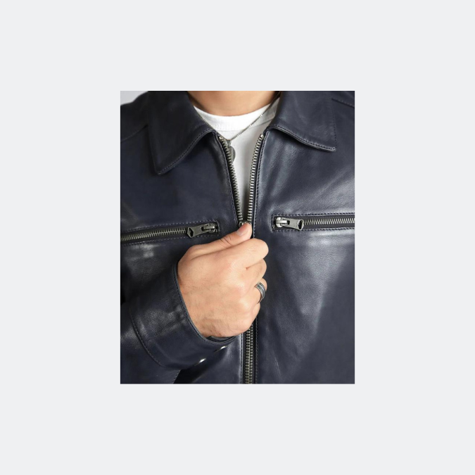 Chaqueta de cuero de oveja auténtico estilo Cafe Racer para hombre Chaqueta de motociclista azul marino de moda – ELM3