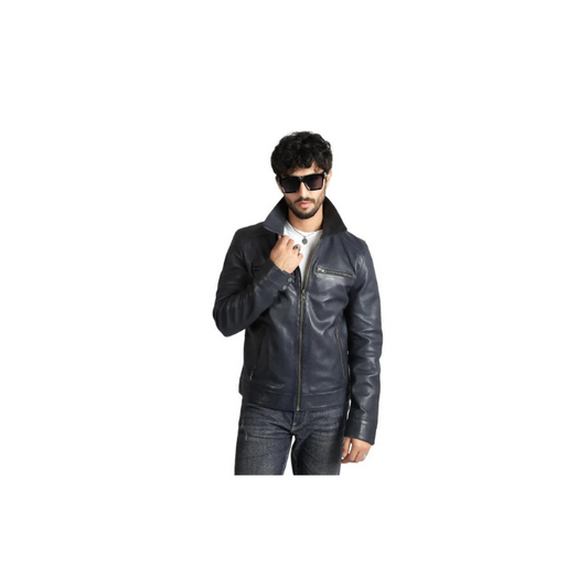 Mens Cafe Racer Style Real Sheep Leather Jacket Navy Blue Motorbike Fashion Jacket – ELM3