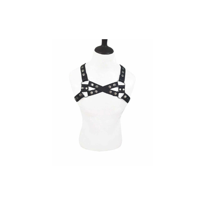 Arnés de cuerpo y pecho de cuero negro auténtico para hombre para bondage club LARP (H10)