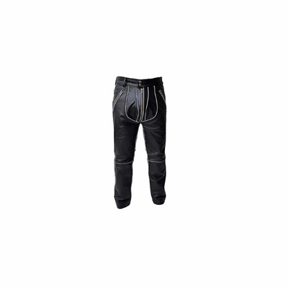 Mens Real Leather Biker Jeans Pant Trousers in Black With White Piping - J10