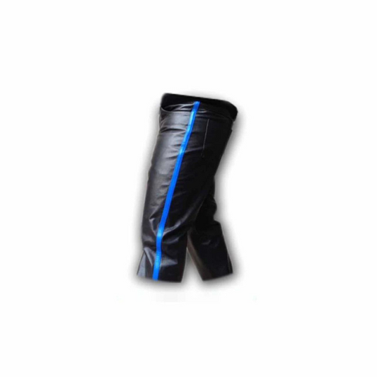 Men's Biker Jeans Real Black Cow Leather One Panel Police Style pants Trousers  – J2–BLU