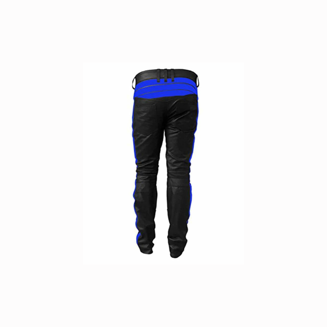 Pantalon motard en cuir véritable noir et bleu pour homme - J5 - BLU