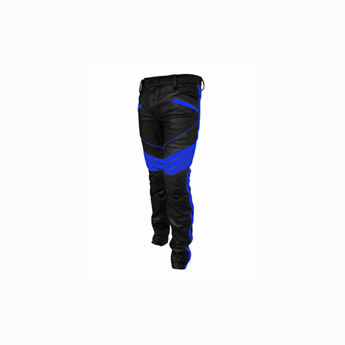 Pantalon motard en cuir véritable noir et bleu pour homme - J5 - BLU