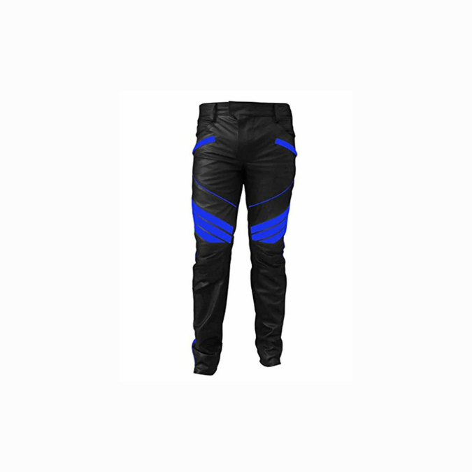 Pantalon motard en cuir véritable noir et bleu pour homme - J5 - BLU